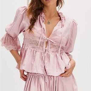 New! The “River Flows” Dusty Pink Lace Edwardian Style Bed Jacket Tie Front Top